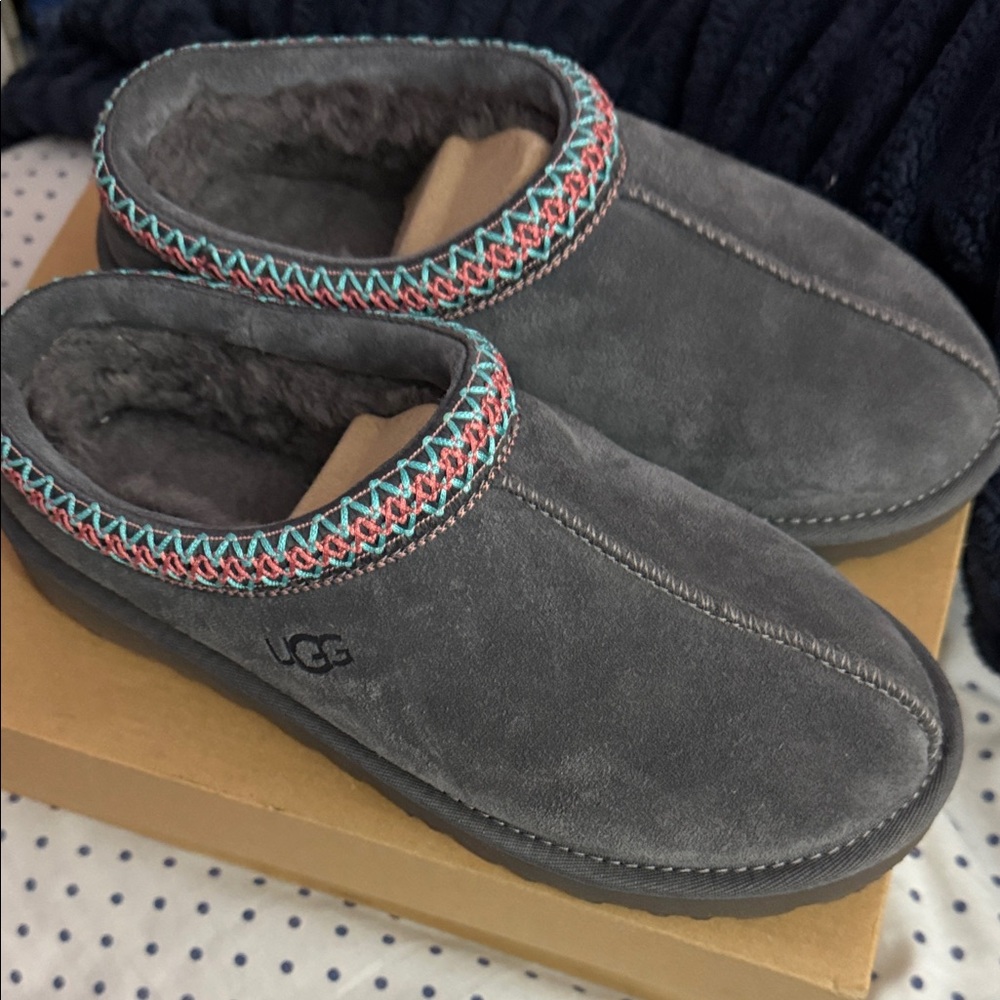 UGG Charcoal Suede Slippers with Vibrant Trim